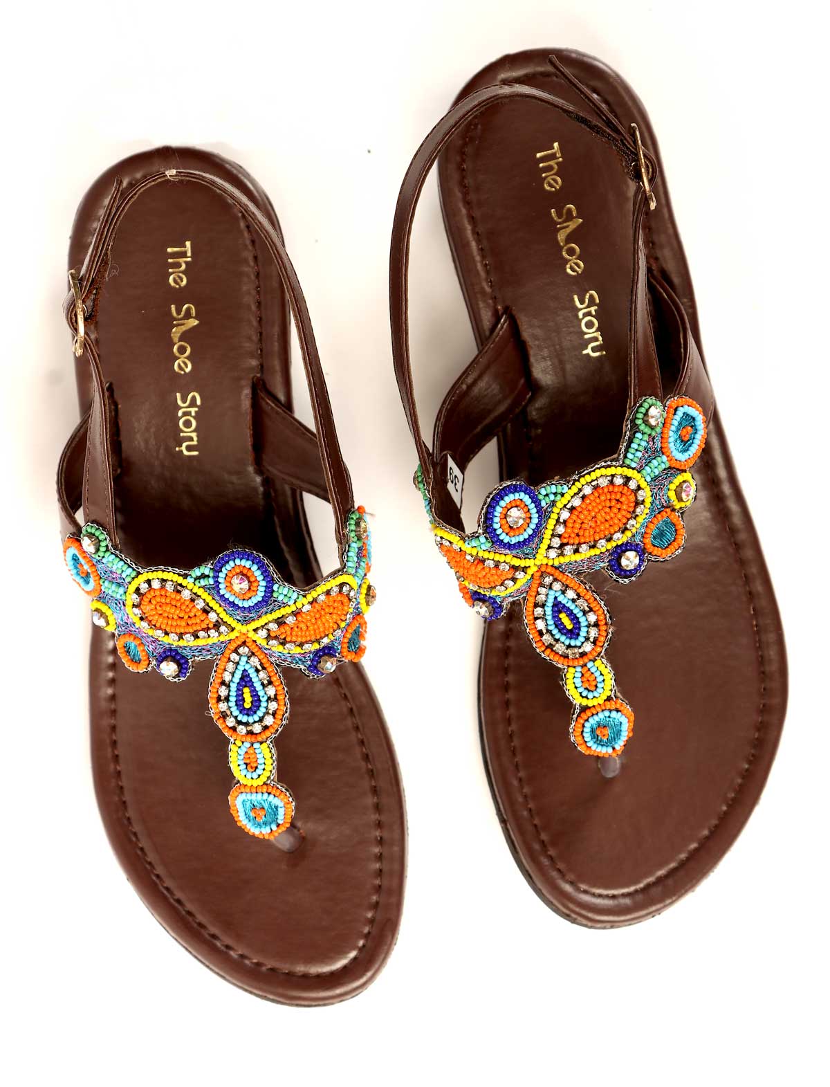 Brown colorful beaded thong sandals